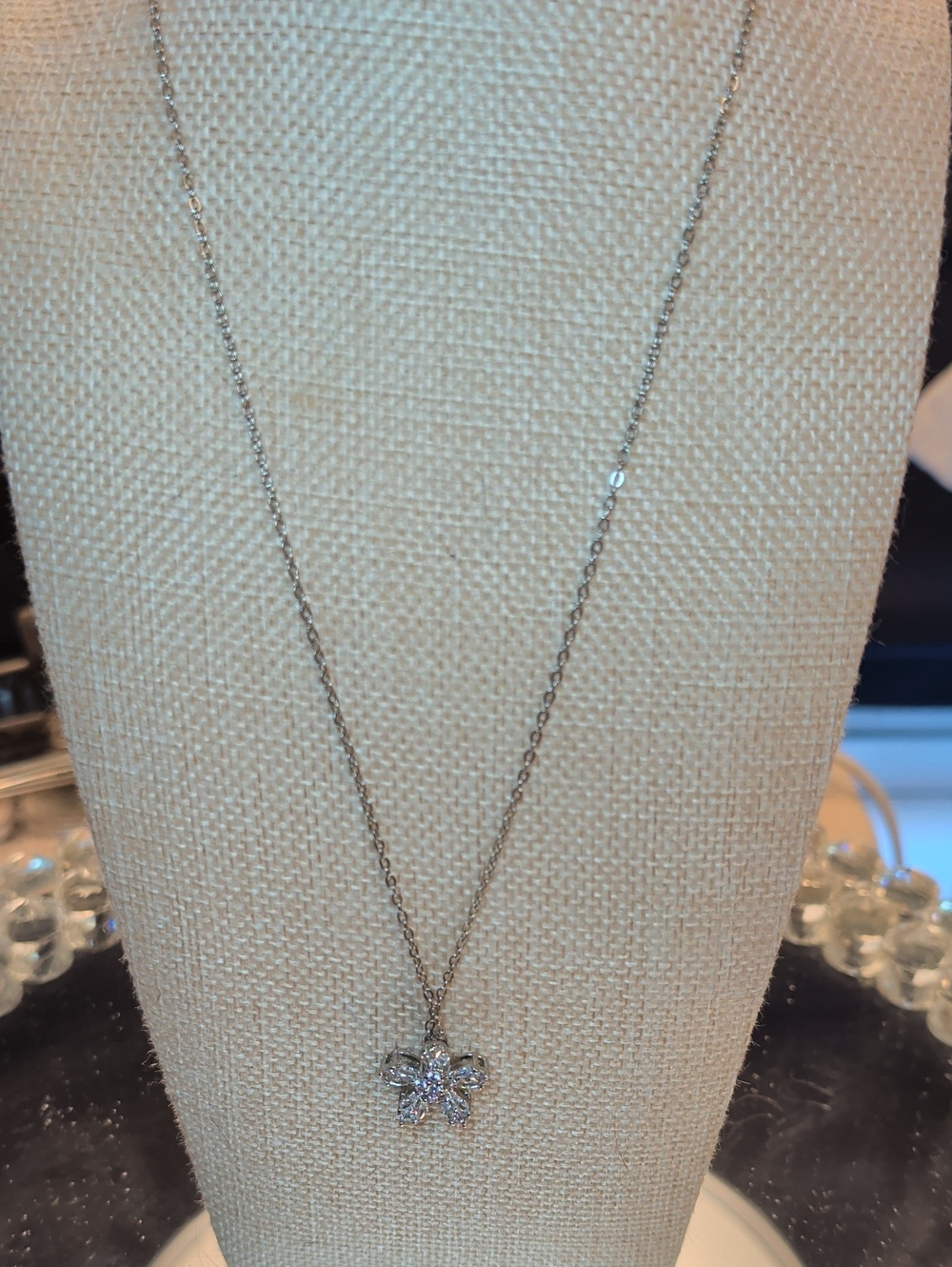 Silver Floral Pendant Necklace with Clear Stones NWOT